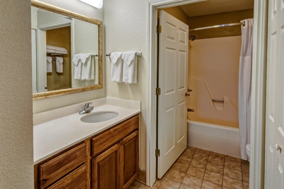 A tranquil bathroom scene featuring a vanity with a large mirror, plush towels, and a bathtub, creating an inviting space for personal care and relaxation.